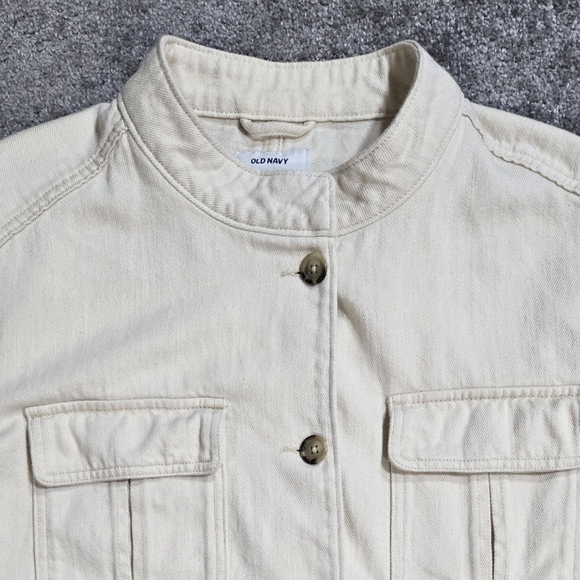 Old Navy 100% Cotton Ecru Cream Twill Utility Button-Up Jacket Stand Collar - Picture 4 of 10